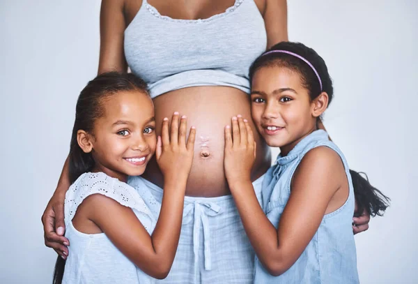 Poslechněme si to. Portrét dvou veselých holčiček stojících během dne vedle své těhotné matky doma. — Stock fotografie