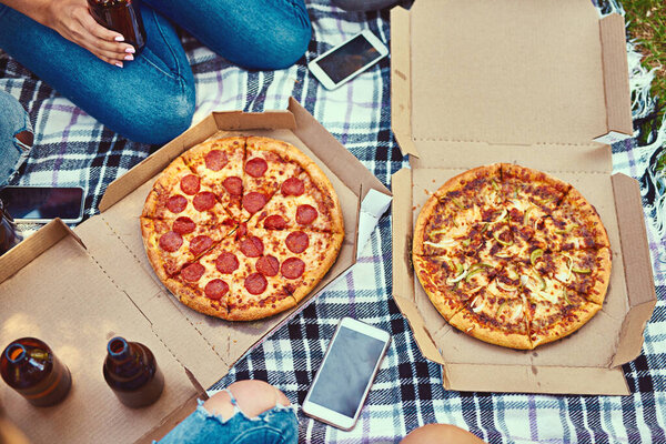 Cropped shot of a group of friends eating pizza while having a picnic.