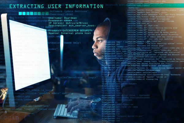 彼がハッキングできないシステムはない。安全なコンピュータネットワークに侵入した若い男の作物のショット. — ストック写真