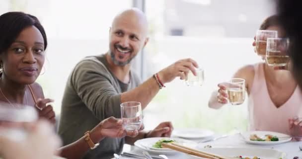 多样化和成熟的一群最好的朋友吃饭 在家里的饭桌边吃午饭 快乐的人们一边敬酒一边微笑 庆祝他们的友谊 — 图库视频影像