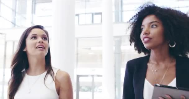 Video Footage Two Confident Businesswomen Walking Together Digital Tablets Hands — Stockvideo