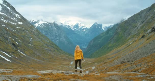 Videomaterial Von Einer Nicht Wiedererkennbaren Frau Die Den Bergblick Stryn — Stockvideo