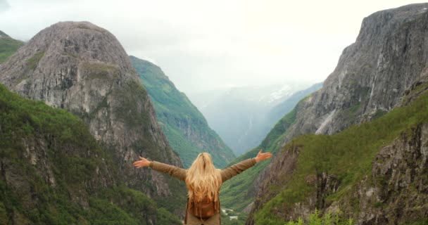 Video Una Donna Irriconoscibile Che Gode Vista Sulle Montagne Nella — Video Stock