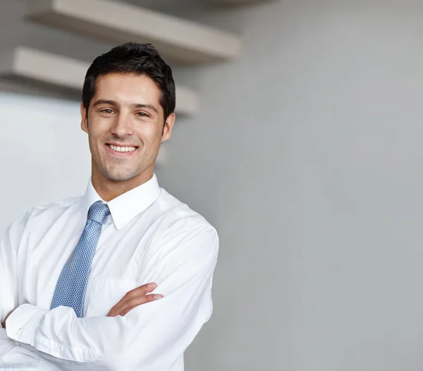 Handsome Young Businessman Crossing His Arms Looking You Wide Smile — Stock Photo, Image