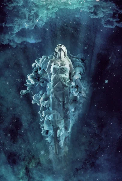 Εικονογράφηση Μιας Αιθέριας Γυναίκας Που Αιωρείται Στον Νυχτερινό Ουρανό — Φωτογραφία Αρχείου