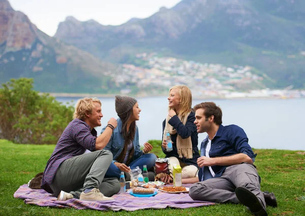 A group of friends enjoying an outdoor picnic together.