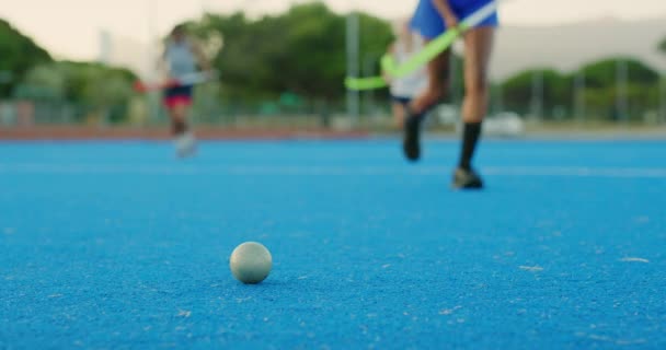 Closeup Young Hockey Players Running Ball Hitting Trying Score Goal — Stockvideo