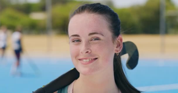 Closeup Portrait Young Caucasian Teen Holding Hockey Stick Sports Pitch — Stockvideo