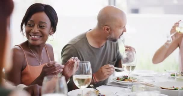 Diverse Mature Group Friends Eating Drinking Having Lunch Dining Room — Stock Video