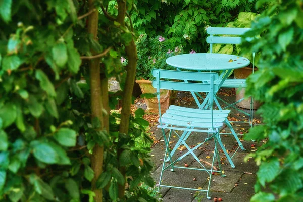 Zwei Metallene Hof Und Terrassenstühle Und Tisch Ruhigen Friedlichen Üppigen — Stockfoto