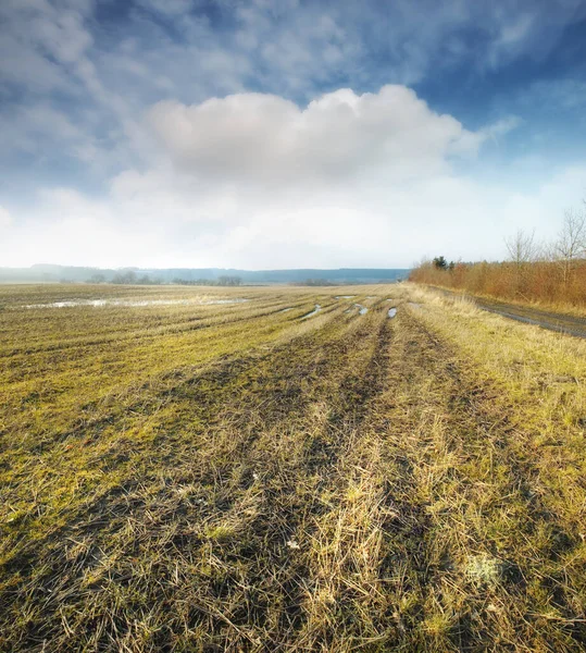 丹麦日德兰早春潮湿的农田 多云的蓝天映衬着一片片的水的草原 被雨淋湿的荒地景观 农田上的雨水 — 图库照片