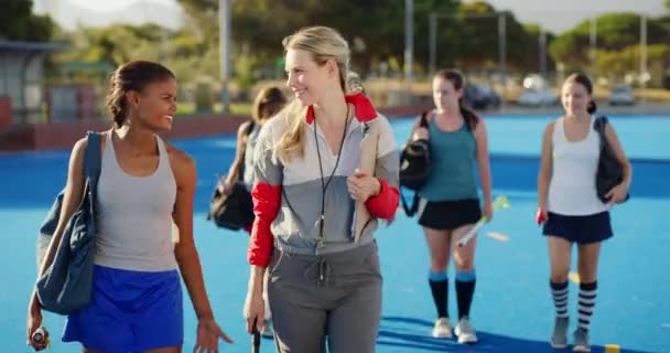 Diverse Group Field Hockey Players Coach Walking Together Playing Game — Stockvideo