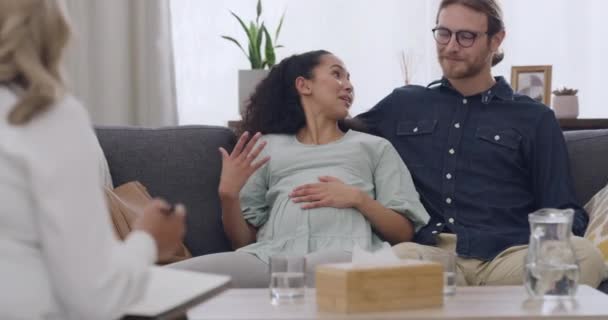 Happy Young Pregnant Interracial Couple Therapy Session Psychologist Expecting Woman — Stockvideo