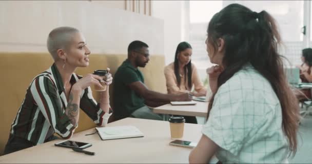 Ofis Kafeteryasında Dinlenme Odasında Çalışan Bir Grup Genç Adamı Hırslı — Stok video