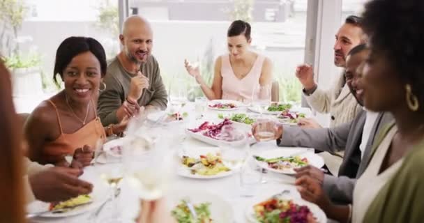 Diverse Group Laughing Party Enjoying Food Wine People Eating Drinking — Stockvideo