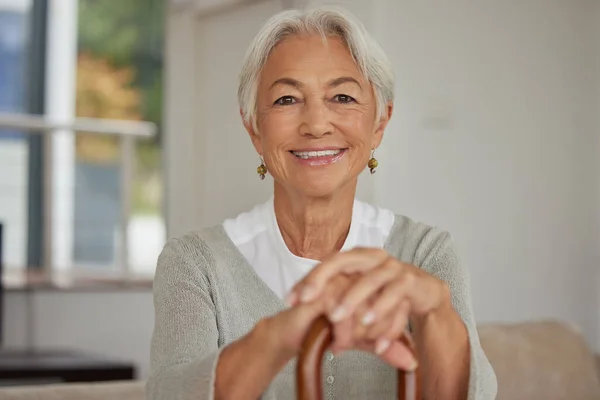 Retired Senior Woman Relaxing Home Happy Smiling Old Woman Holding — Stock Photo, Image