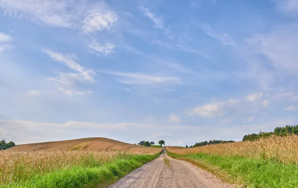 Copyspace Blauwe Lucht Achtergrond Met Wolken Aan Horizon Onverharde Weg — Stockfoto