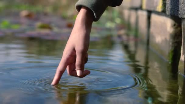 Close Womans Finger Gently Touching Surface Water Forest River Lake — Stockvideo