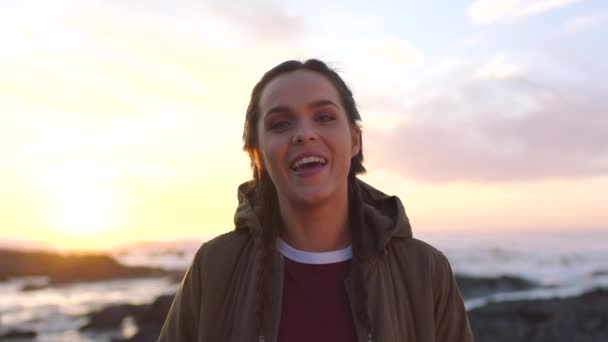 Cheerful Young Woman Laughing Enjoying Sunset Promenade Carefree Young Woman — Stock Video