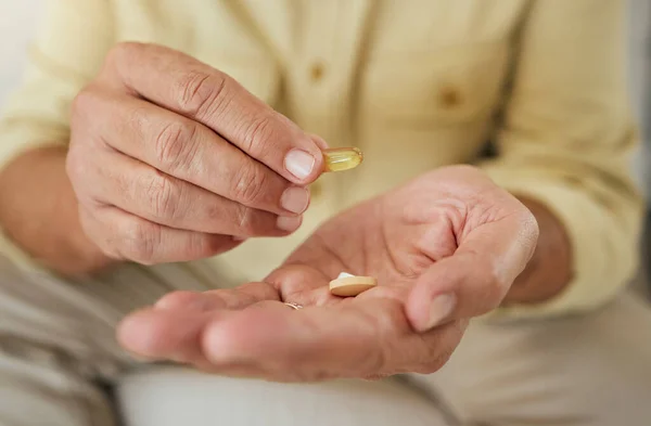Unknown Man Showing His Pills While Sitting Home Unrecognizable Mature — Fotografia de Stock
