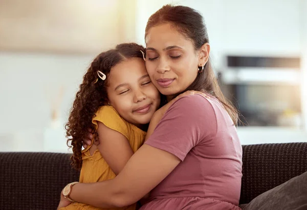 Mixed Race Single Mother Daughter Hugging Home Living Room Smiling — Stock Photo, Image