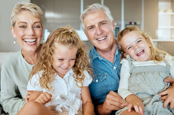 Happy Caucasian Mature Couple Bonding Adopted Kids Living Room Two — Foto Stock