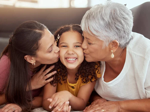 Portrait Mixed Race Child Getting Kiss Cheek Single Mother Grandmother — Stock Photo, Image