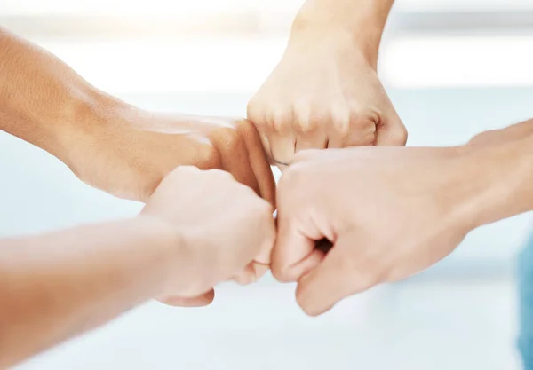 Closeup Diverse Group People Making Fists Circle Express Unity Support — Fotografia de Stock