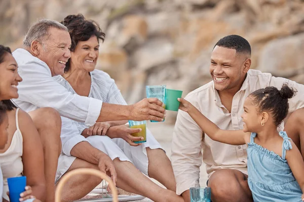 Closeup Mixed Race Family Having Picnic Beach Smiling While Having — Fotografia de Stock