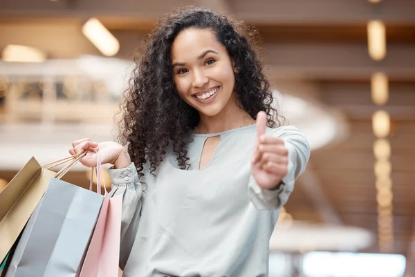 Portrait Beautiful Mixed Race Woman Giving Thumbs Standing Mall While — Stockfoto