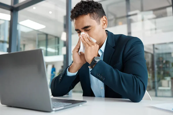 Sick Mixed Race Businessman Blowing His Nose Tissue While Working — Stock Photo, Image