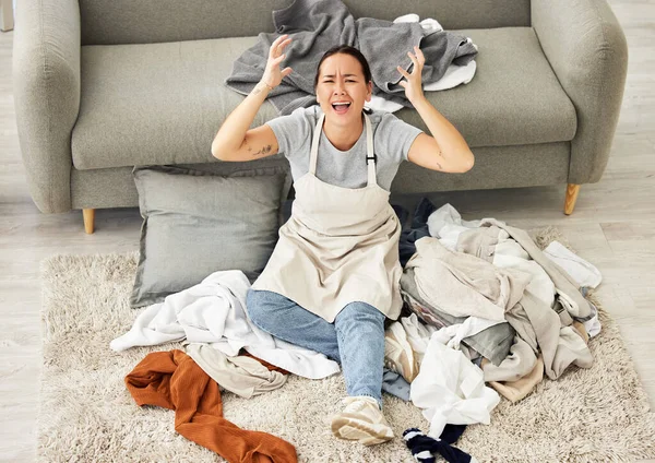 One Mixed Race Woman Sitting Pile Messy Laundry Having Mental — Stock Photo, Image