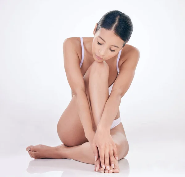 Beautiful Young Mixed Race Model Posing Seductively Underwear White Studio — Stockfoto