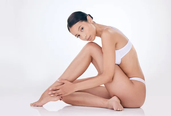 Portrait Beautiful Young Mixed Race Model Posing Seductively Underwear Grey — Fotografia de Stock