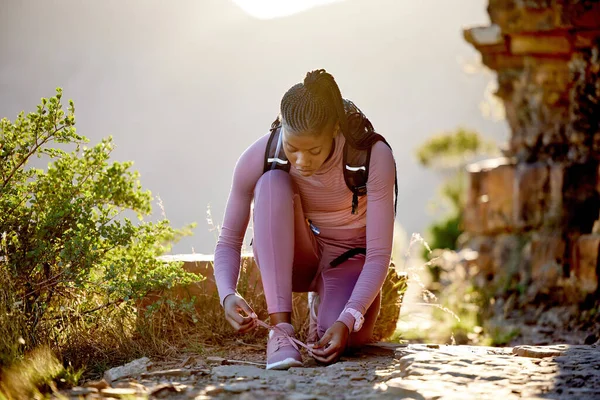 Young African American Woman Tying Laces Her Sneakers Exercise Outdoors — 스톡 사진