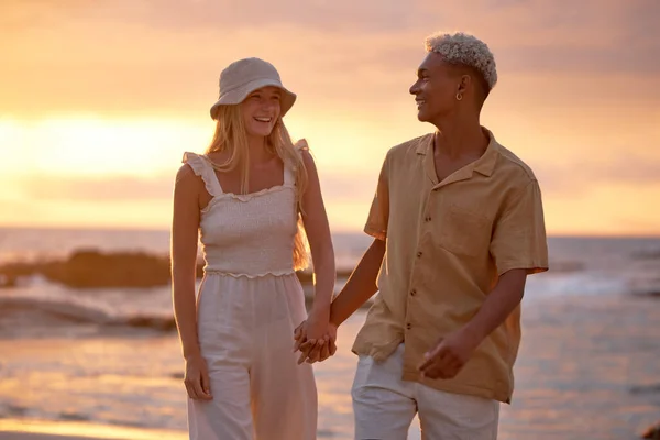 Closeup Portrait Young Affectionate Mixed Race Couple Standing Beach Smiling — Photo