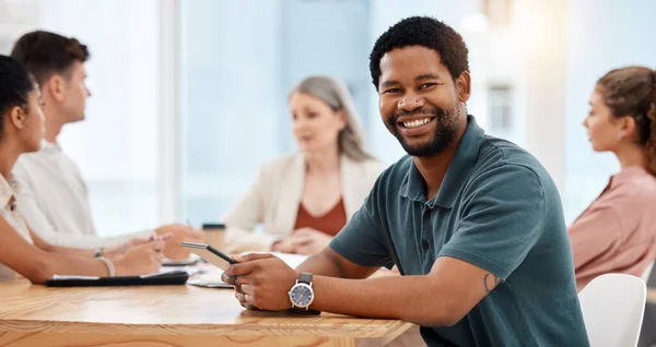 Portrait Young Happy African American Businessman Working Digital Tablet Office — Stock Photo, Image