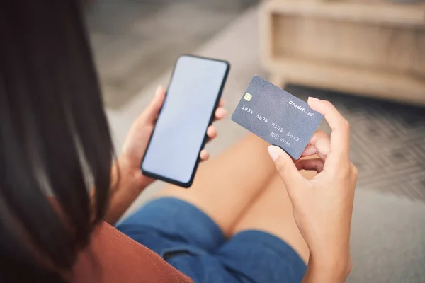 Closeup Shot Unrecognizable Mixed Race Woman Using Credit Card While — Foto Stock