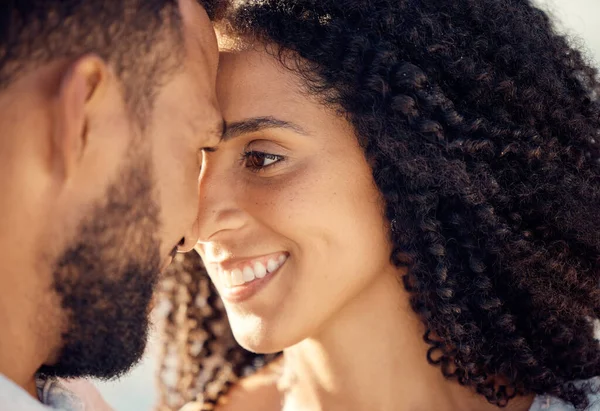 Closeup Young Affectionate Mixed Race Couple Standing Beach Smiling Sunset — Photo