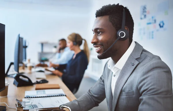 Happy Young African American Call Centre Telemarketing Agent Talking Headset — 스톡 사진