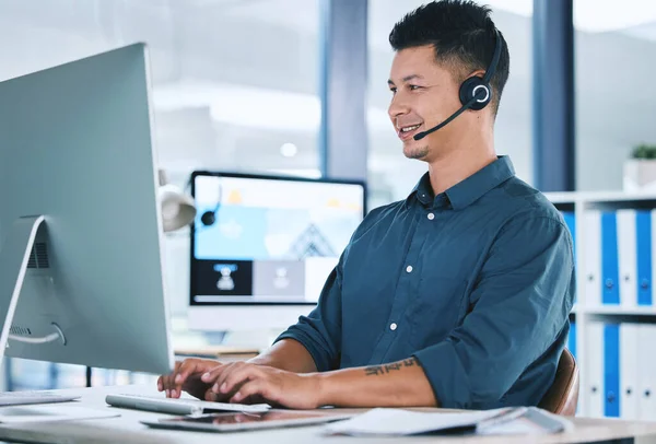 One Happy Hispanic Call Centre Telemarketing Agent Talking Headset While — 스톡 사진