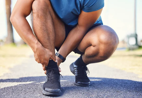 Closeup Active Mixed Race Man Holding His Ankle Pain While — Fotografia de Stock
