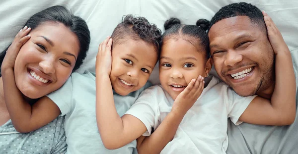 Portrait Happy Mixed Race Family Two Children Relaxing Lying Together — Stock Photo, Image