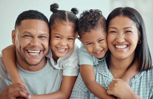 Portrait Happy Young Mixed Race Family Two Children Wearing Pyjamas — Stockfoto