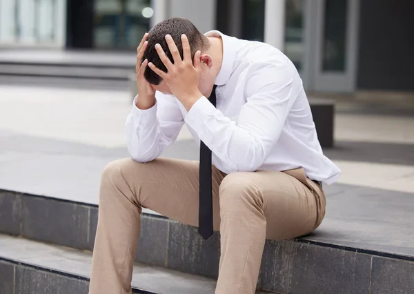 Young Mixed Race Business Man Looking Distraught While Sitting Feeling — ストック写真