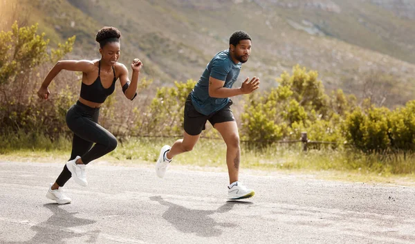 Fit African American Couple Running Outdoors While Exercising Young Athletic — ストック写真