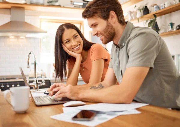 Young Cheerful Interracial Couple Bonding While Working Laptop Together Home — Fotografia de Stock