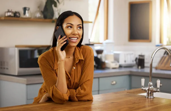 Young Happy Mixed Race Woman Talking Phone While Relaxing Home — Fotografia de Stock