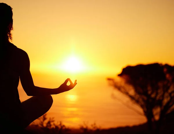 Rearview Silhouette Yoga Woman Meditating Legs Crossed Outdoor Practice Remote — Foto de Stock