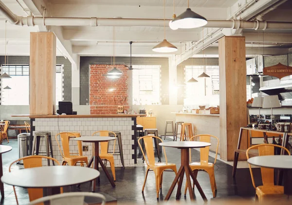 Interior Empty Modern Cafe Restaurant Day Tables Yellow Chairs Rustic — 스톡 사진